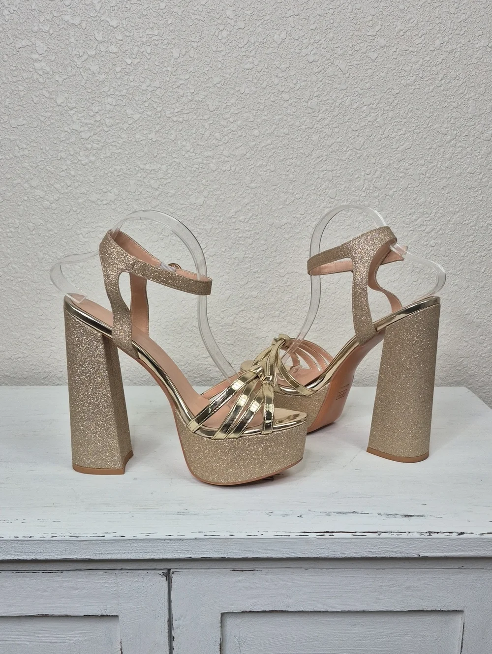 Gold Glitter Platform Block Heel Shoes Sandals Women's 10